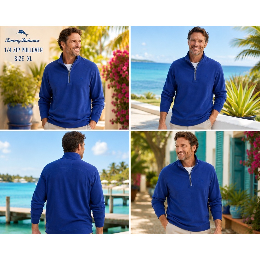 Tommy Bahama Mens XL 1/4 Zip Pullover Blue 100% Pima Cotton Sweatshirt #1800